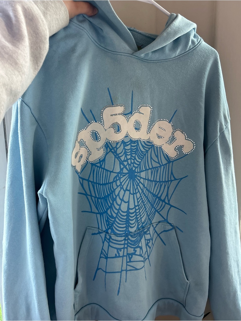 Light Blue Crewneck Hoodie with Graphic Web Print